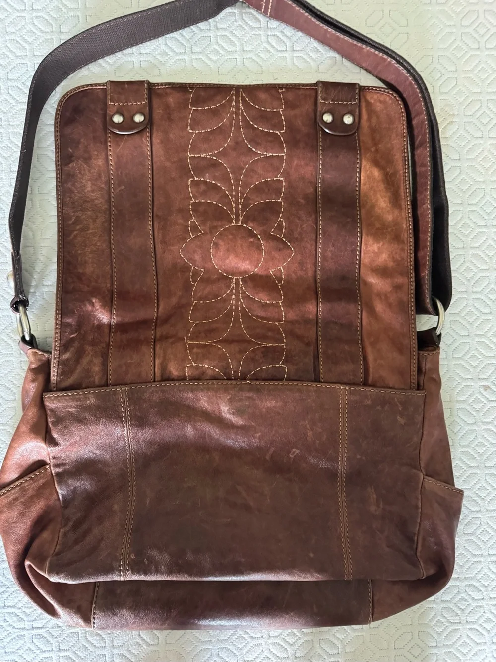 Fossil Brown Leather Laptop Messenger with Floral Stitching